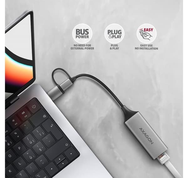 AXAGON, ADE-TXCA Kompakt aluminium USB 3.2 Gen 1 Gigabit Ethernet 10/100/1000Mbit-adapter med automatisk installation, Nintendo Switch-stöd och USB C-