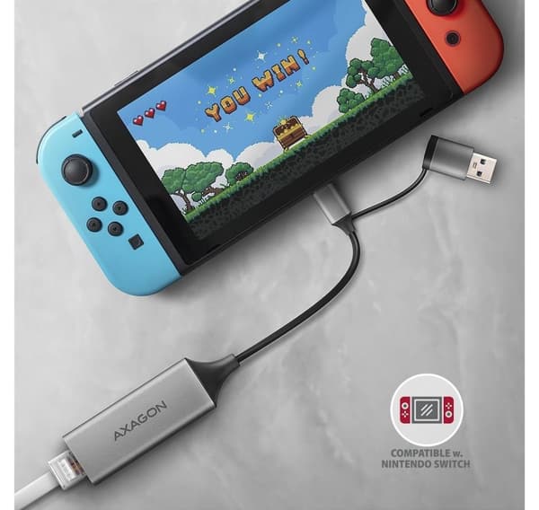 AXAGON, ADE-TXCA Kompakt aluminium USB 3.2 Gen 1 Gigabit Ethernet 10/100/1000Mbit-adapter med automatisk installation, Nintendo Switch-stöd och USB C-