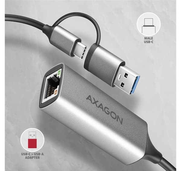 AXAGON, ADE-TXCA Kompakt aluminium USB 3.2 Gen 1 Gigabit Ethernet 10/100/1000Mbit-adapter med automatisk installation, Nintendo Switch-stöd och USB C-