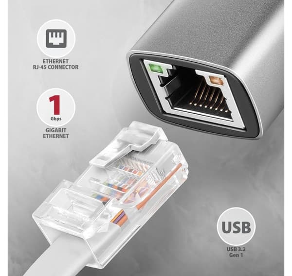 AXAGON, ADE-TXCA Kompakt aluminium USB 3.2 Gen 1 Gigabit Ethernet 10/100/1000Mbit-adapter med automatisk installation, Nintendo Switch-stöd och USB C-