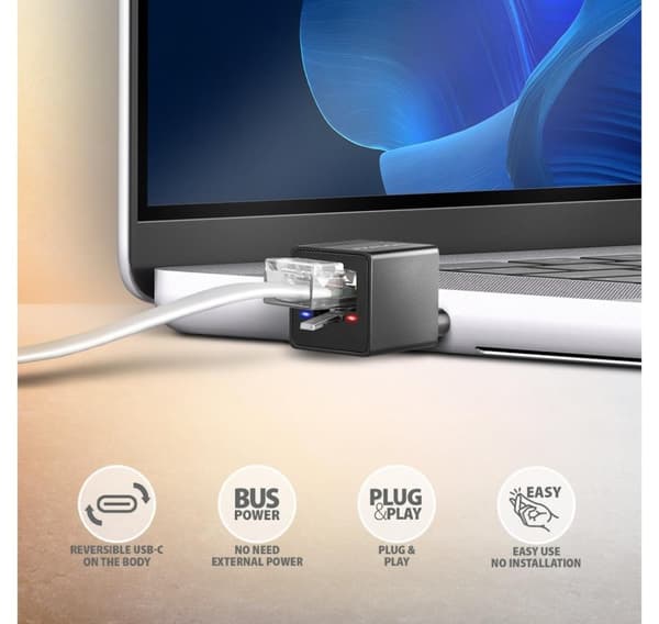 AXAGON, ADE-MINIC Miniatur alumiini USB-C 3.2 Gen 1 Gigabit Ethernet 10/100/1000 Mb/s sovitin automaattisella asennuksella