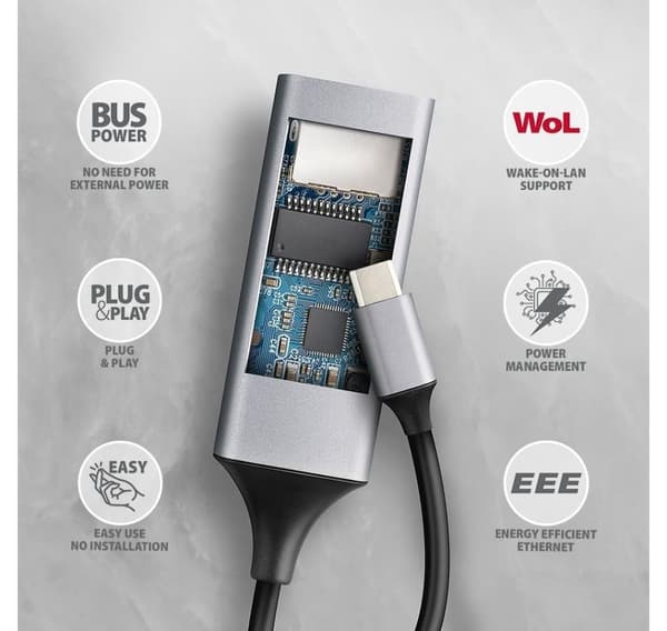 AXAGON, ADE-TXPD USB-C Gigabit Ethernet-adapter med PD 100W