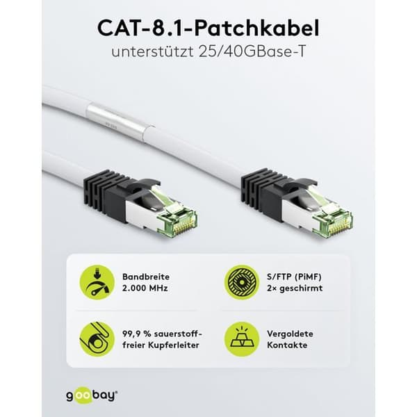 goobay RJ-45(M) till RJ-45(M) Patch-sladd 50 cm SFTP, PiMF CAT 8.1 Halogenfri, gjuten, krokfri, blockerad vit