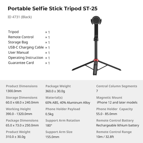 Selfie Stick Tripod, Justerbar Højde 390-1320mm, Letvægtsdesign,Selfie Stick-stativ