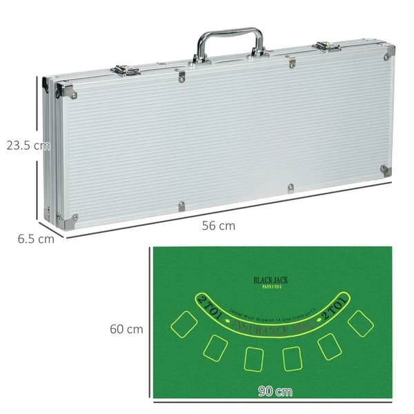 Rootz Casino Tillbehör - Chips Poker Set - Chips Poker Chip Case - Inklusive matta - 500 marker - Set för 9-10 spelare - Silver - 56L x 23,5W x 6,5H c