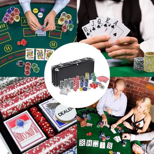LZQ Poker Chips Poker Box Pokerfodral, 2 kortlekar, 5 tärningar, 2 nycklar, 500 marker - med svart aluminiumfodral