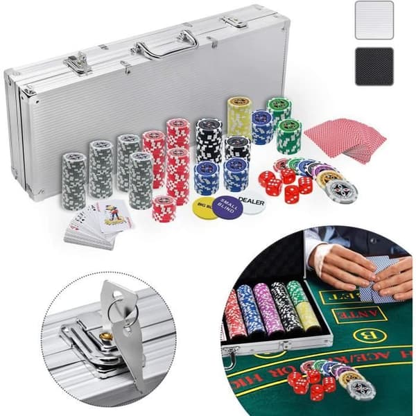 YUENFONG aluminiumpokerfodral 500 Texas Hold'em pokermarker med 2 pokerbrädor och 5 tärningar 1 dealerknapp 2 nycklar Silver