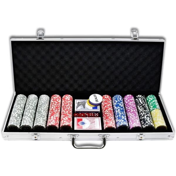 YUENFONG aluminiumpokerfodral 500 Texas Hold'em pokermarker med 2 pokerbrädor och 5 tärningar 1 dealerknapp 2 nycklar Silver
