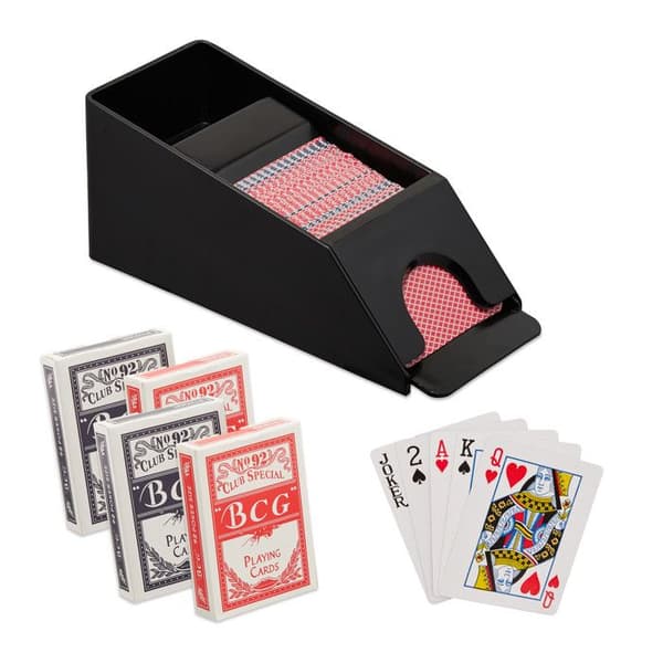 Relaxdays Kortdistributör, med 4 spel, blackjacktillbehör, plast, HxBxD: 10 x 10 x 25 cm, svart
