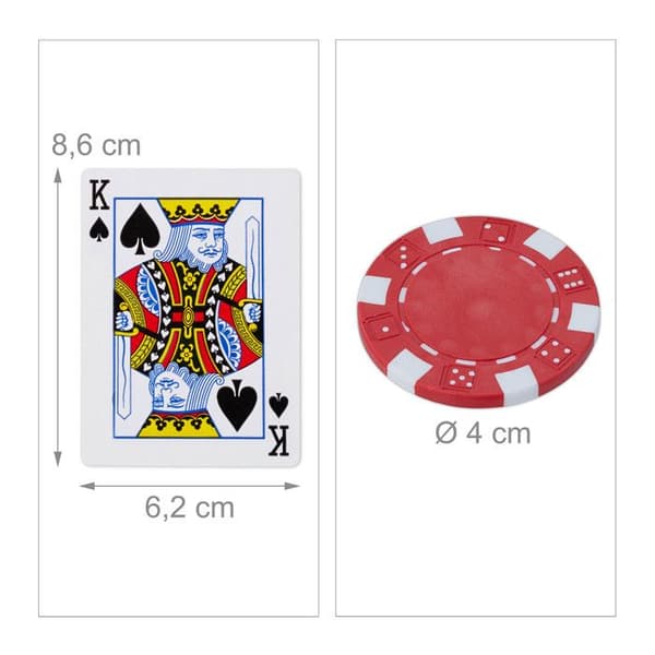 Relaxdays Pokerbox, 100 värdelösa jetonger, 2 kortspel, 5 tärningar, dealer-knapp, låsbar, silverfärgad
