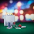 Miniatyrbild 2 av 6: Relaxdays Pokerbox, 100 värdelösa jetonger, 2 kortspel, 5 tärningar, dealer-knapp, låsbar, silverfärgad