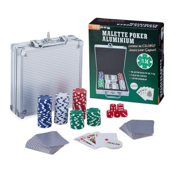 Relaxdays Pokerbox, 100 värdelösa jetonger, 2 kortspel, 5 tärningar, dealer-knapp, låsbar, silverfärgad
