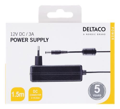 DELTACO strømforsyning, 100-240V AC 50/60Hz til 12V DC, 3A, 1,5m
