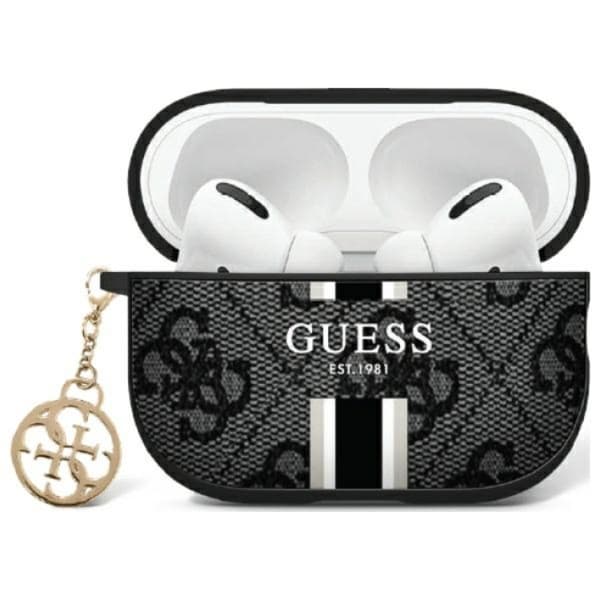 Guess AirPods 1/2 Skal 4G Printed Stripes Charm - Svart