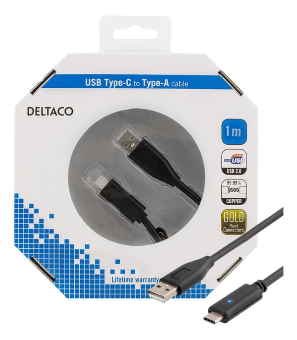 USB 2.0 cable, 1m, Type C - Type A male, PD prof 1, black