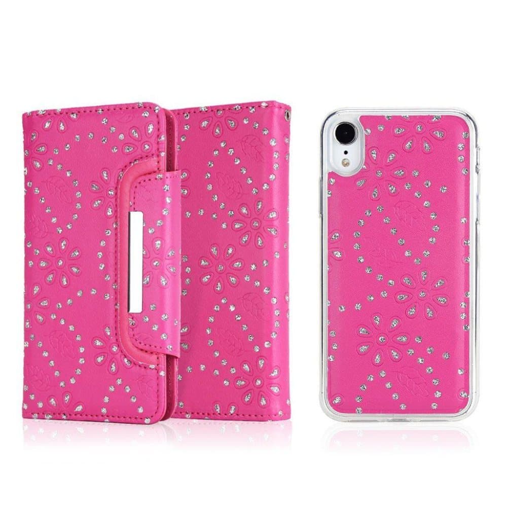 iPhone Xr mobiletui i kunstlæder med glitter blomster og aft