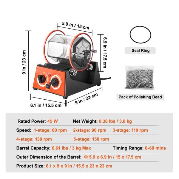 45W 3kg roterande trumma smycken polermaskin, 5 hastighetsjustering, 10-60 minuter timer, stor kapacitet, kraftfull prestanda