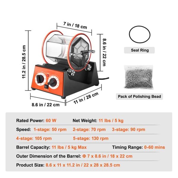 60W 5kg roterande trumma smycken polermaskin, 5 hastighetsjustering, 10-60 minuter timer, stor kapacitet, kraftfull prestanda