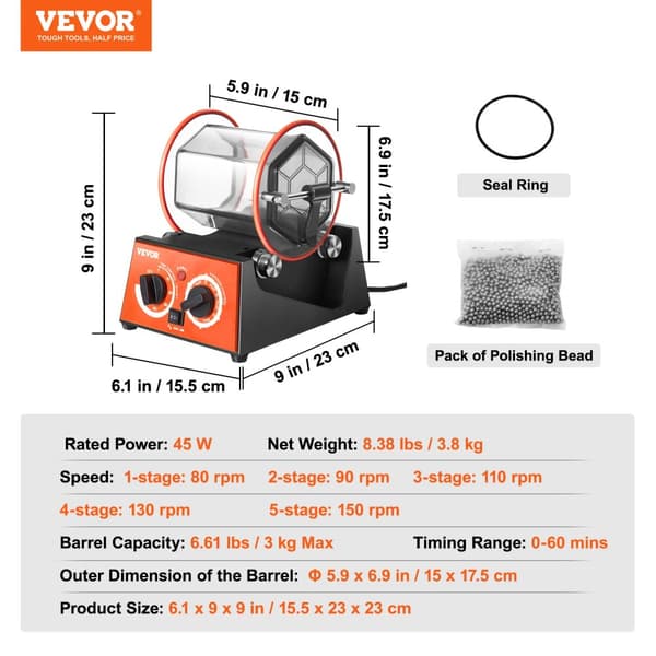 VEVORin pyörivä tumbler, säädettävä nopeus, 3 kg ja 5 kg kapasiteetti,3 kg:n kapasiteetti