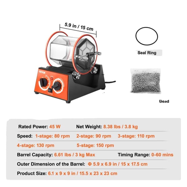VEVORin pyörivä tumbler, säädettävä nopeus, 3 kg ja 5 kg kapasiteetti,3 kg:n kapasiteetti