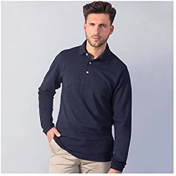 Henbury Herre klassisk ensfarvet langærmet poloshirt i bomuld med lange ærmer