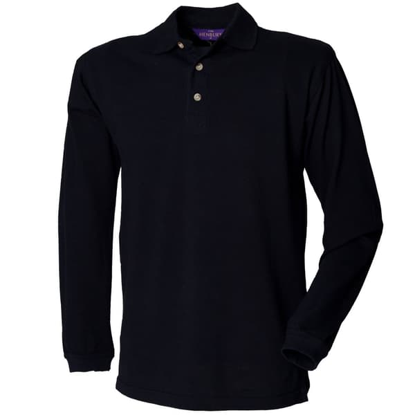 Henbury Herre klassisk ensfarvet langærmet poloshirt i bomuld med lange ærmer