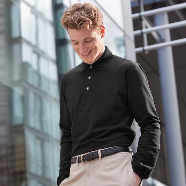 Henbury Herre klassisk ensfarvet langærmet poloshirt i bomuld med lange ærmer