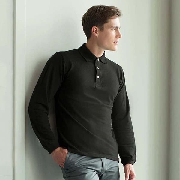 Henbury Herre klassisk ensfarvet langærmet poloshirt i bomuld med lange ærmer