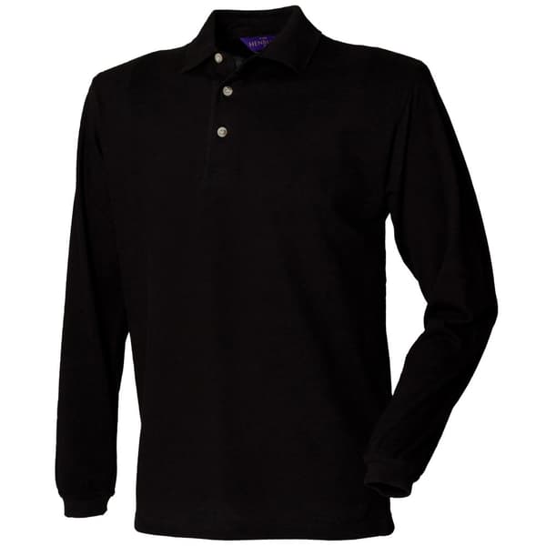 Henbury Herre klassisk ensfarvet langærmet poloshirt i bomuld med lange ærmer