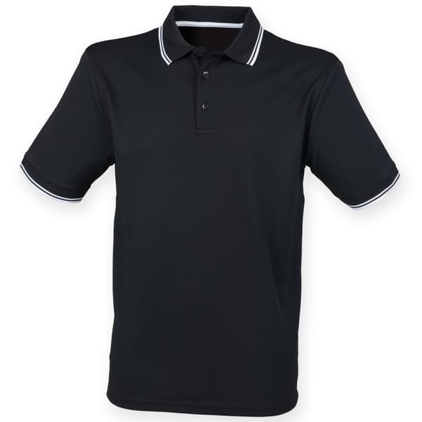 Henbury Mens Coolplus Moisture Wicking Short Sleeve Polo Shirt Black/White XS