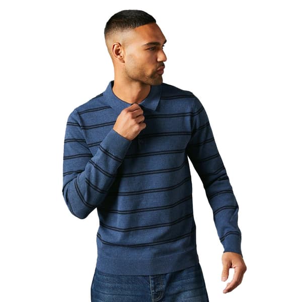 Maine Mens Stripe Knitted Long-Sleeved Polo Shirt Blue S
