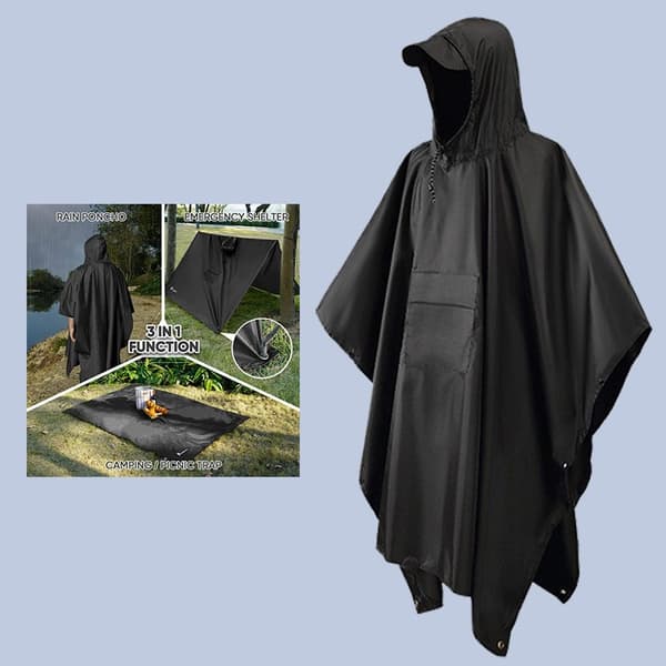 INF Multifunktionell regnponcho med huva Svart