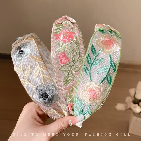 INF Brodert hodebånd med blomster, bredt hodebånd