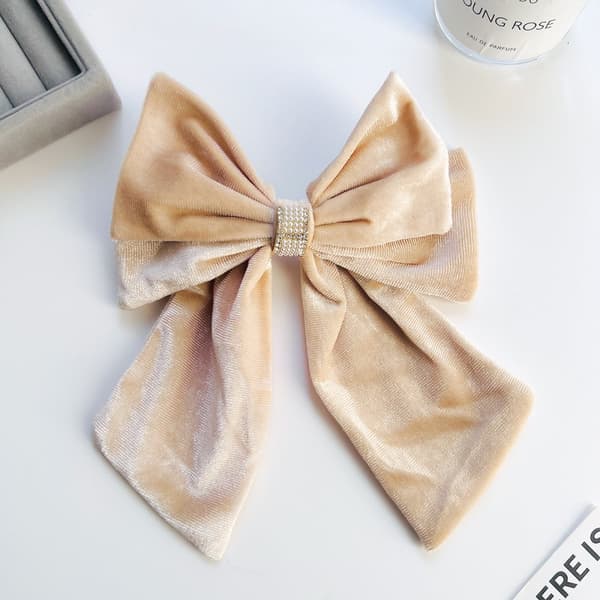 INF Elegant Bow Hair Clip - Koreansk Velvet Rhinestone Barrett Beige