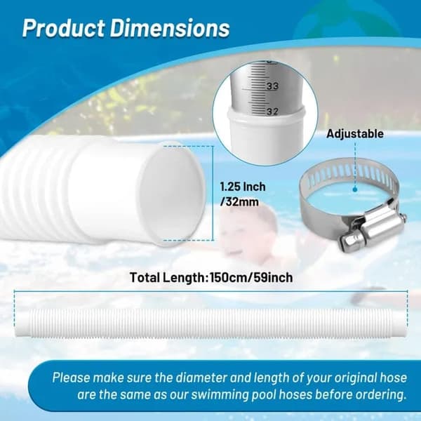 Lollanda Poolslange / Sugeslange 1,5 m med klemmer, 32 mm- Passer til Intex 300-1000 gallon pumpe