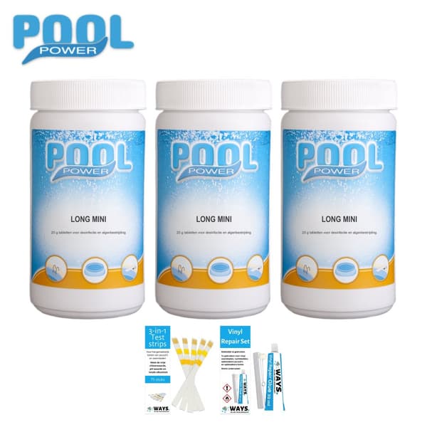 Klortabletter för simbassänger - Poolpower - 3 kg & WAYS Reparationsset och teststickor