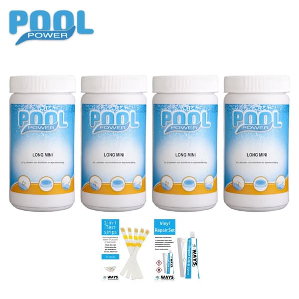 Poolpower - Alennussetti - Klooritabletit uima-altaisiin - 4 kiloa & WAYS Korjaussetti ja testiliuskat