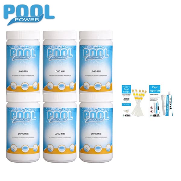 Klortabletter til svømmebassiner - Poolpower - 6 kg & WAYS Reparationssæt og teststrimler