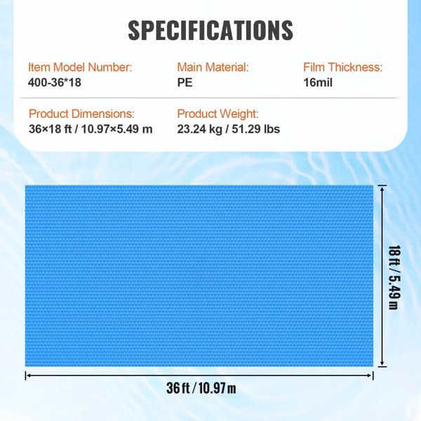 Solenergi Poolöverdrag, Filmtjocklek, Anpassningsbar Passform, Förhindrar Vattenavdunstning,36x18ft 16mil