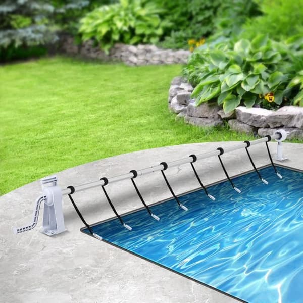 XMTECH mobil poolrulle med 8 fästremmar, bubbelskyddsrulle justerbar från 1,05 M till 6,15 M för pool