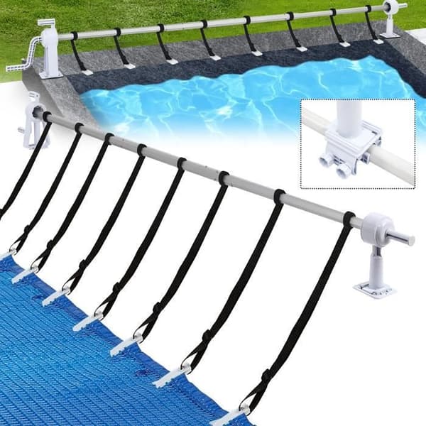XMTECH mobil poolrulle med 8 fästremmar, bubbelskyddsrulle justerbar från 1,05 M till 6,15 M för pool