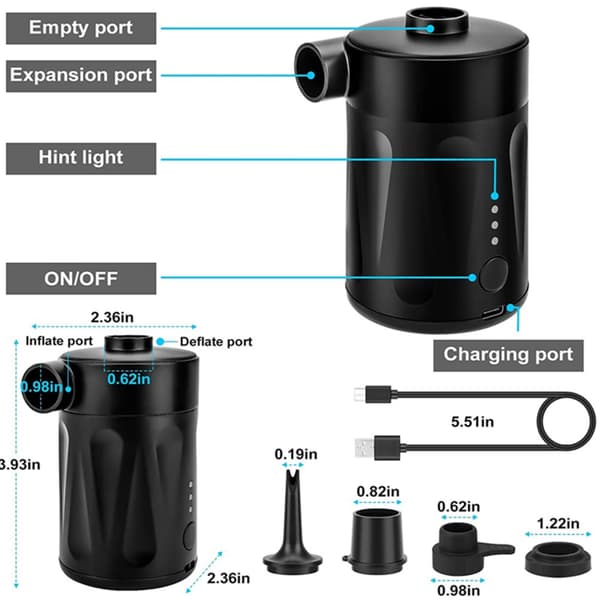 Bærbar oppladbar luftpumpe for oppblåsbare båter 4000mAh 4 dyser LED-skjerm