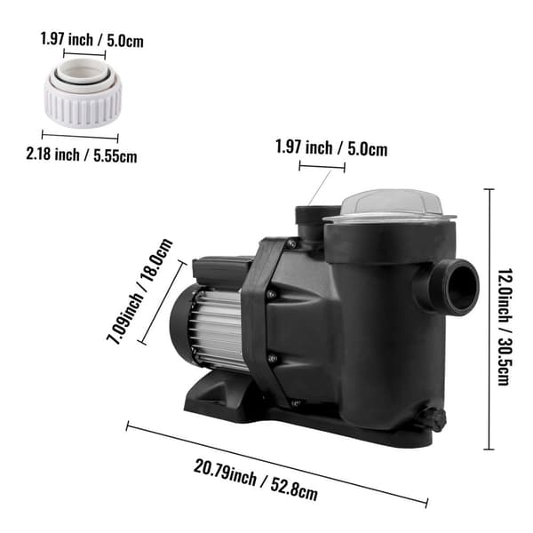 1 HP/750W 16m huvudlyft 19200L/timme poolpump med 50mm inlopp/utlopp, avtagbar filterkorg, säkerhetsskydd, tyst drift