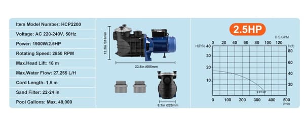 Overjordisk Poolpumpe, tilgængelig i 1,5 HK, 2 HK, 2,5 HK, Maks. Vandstrøm op til 120 GPM,2.5HP 120 GPM