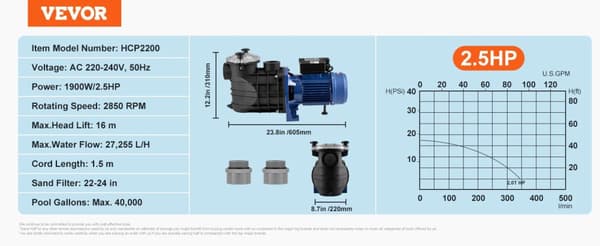 Overjordisk Poolpumpe, tilgængelig i 1,5 HK, 2 HK, 2,5 HK, Maks. Vandstrøm op til 120 GPM,2.5HP 120 GPM-a