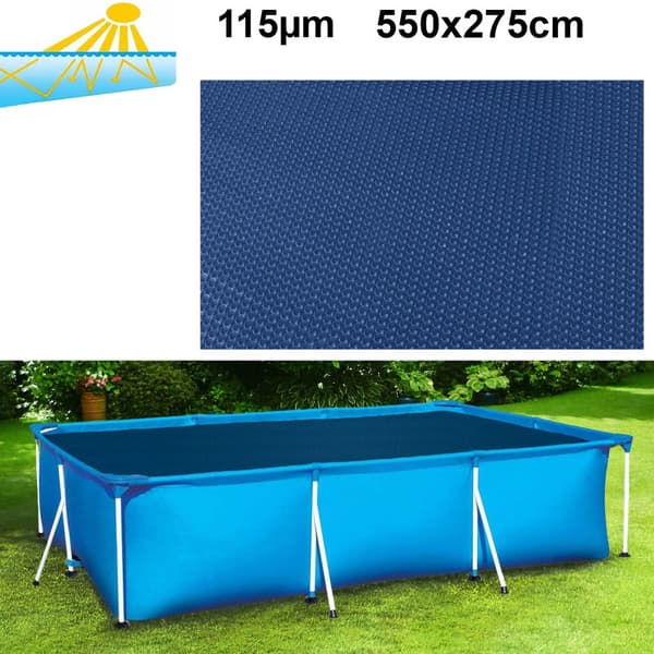 RAMROXX UV-säteilyltä suojattu aurinkoinen allaskansi 550x275cm - Musta/Sininen, Lämmitä allas 4-8°C