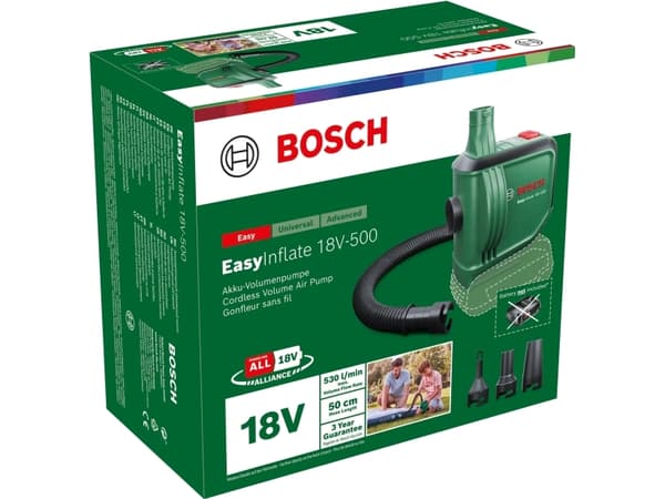 Bosch EasyInflate 18V-500, Universaali, 0,03 bar, 530 l/min, Vihreä, 0 - 0,5 psi, 0,5 m