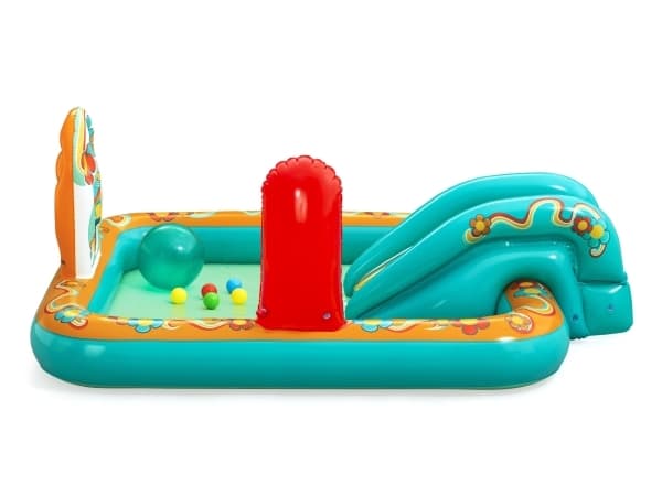 Bestway RETRO uppblåsbar lekplats rutschkana + sprinkler + bollar 53164