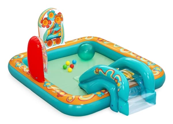 Bestway RETRO uppblåsbar lekplats rutschkana + sprinkler + bollar 53164