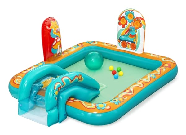 Bestway RETRO uppblåsbar lekplats rutschkana + sprinkler + bollar 53164